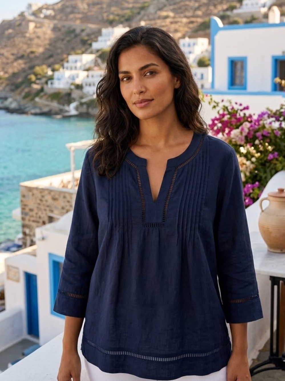 Lauren Ralph Lauren Navy Blue Linen Kaftan Popover Top Euro Summer Coastal Chic